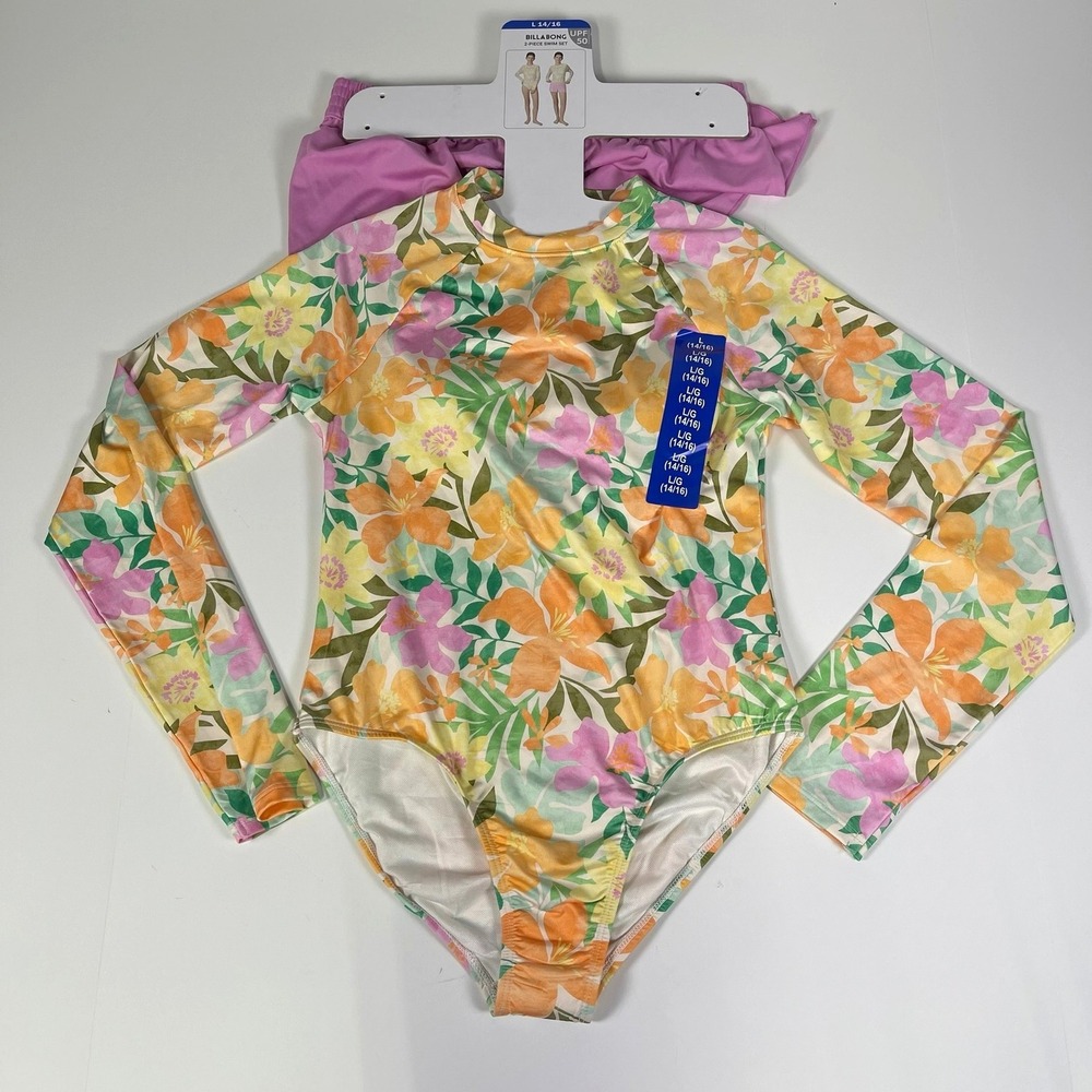 Billabong Girls Floral Long Sleeve Rashguard One-Piece & Shorts Swim Set L 14/16